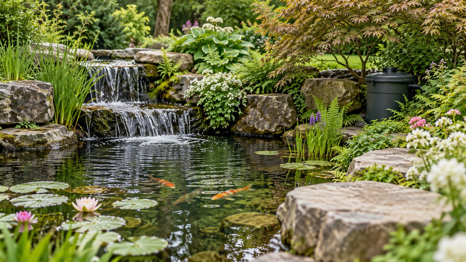 Illustrative garden fish pond with a waterfall and a generic external filter.