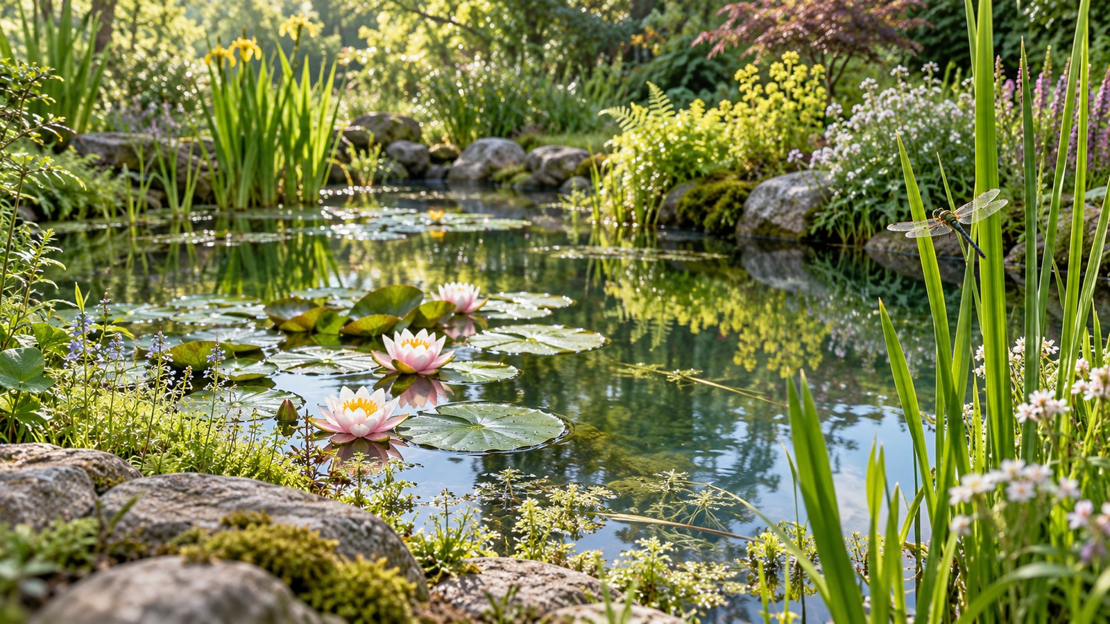 Illustrative planted wildlife pond with water lilies, reeds and a dragonfly.